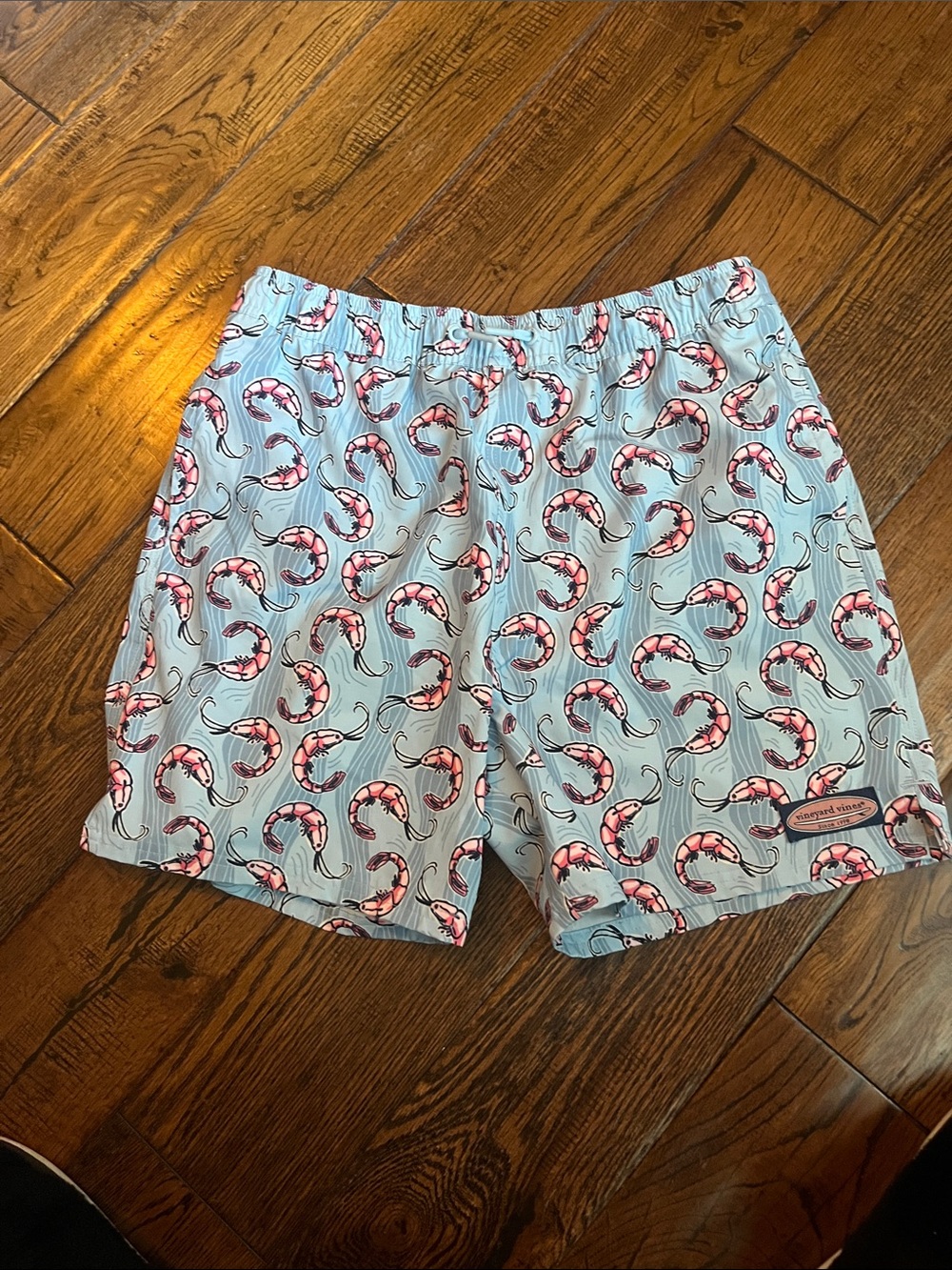 Vineyard Vines Light Blue Swim Trunks with Pink Shrimp Print